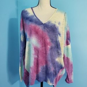 La Miel Tie Dyed Knit Long Sleeve V Neck Top